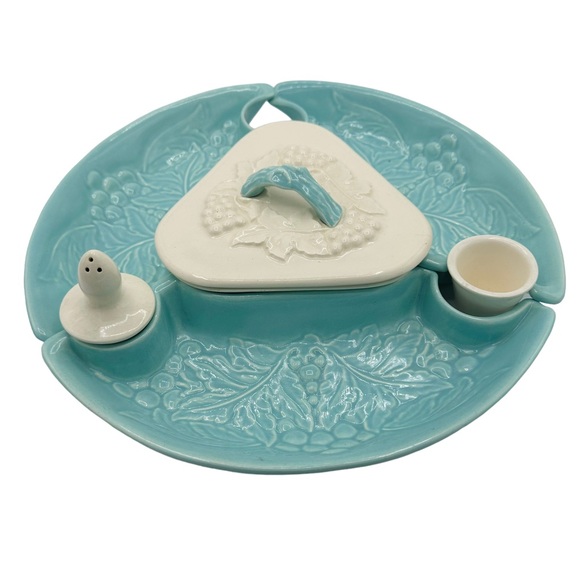 Mid-Century Modern Grapes Turquoise & White Lazy Susan Serving Set - Picture 2 of 12